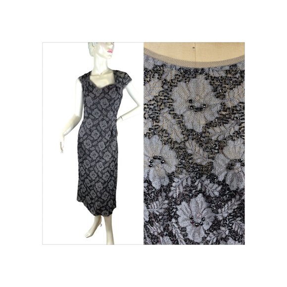 1940s/50s beaded lace cocktail dress with sweetheart neckline and side slit - Picture 1 of 9